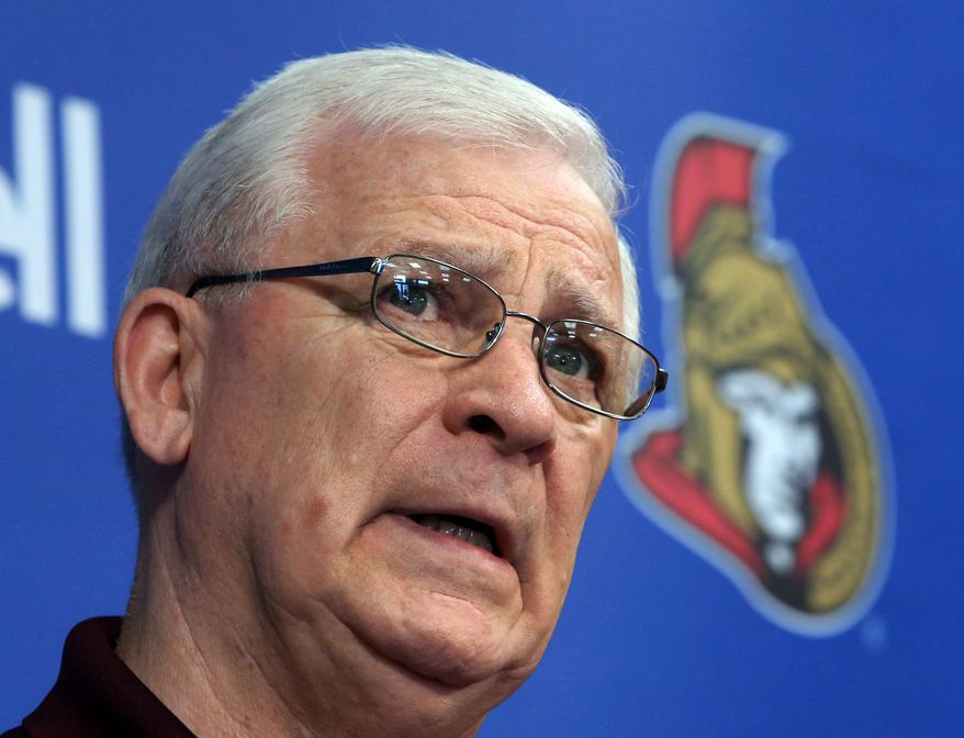 This May 28, 2013, photo shows Ottawa Senators general manager and president of hockey operations Bryan Murray during a news conference in Ottawa. Murray has been diagnosed with cancer. The team confirmed the diagnosis Monday, July 7, 2014, in a statement on its website. (AP Photo/The Canadian Press, Fred Chartrand)