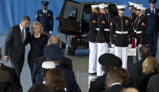 President Barack Obama and Secretary of State Hillary Rodham Clinton walk back to their seats during the Transfer of Remains Ceremony at Andrews Air Force Base, Md., marking the return to the United States of the remains of the four Americans in Benghazi, Libya. Newly revealed testimony from top military commanders involved in the U.S. response to the Benghazi attacks suggests that the perpetrators of a second, dawn attack on a CIA complex probably were different from those who penetrated the U.S. diplomatic mission the evening before and set it ablaze, killing Ambassador Chris Stevens and another American. The second attack, which killed two security contractors, showed clear military training, retired Gen. Carter Ham told Congress in closed-door testimony. (AP Photo/Carolyn Kaster)