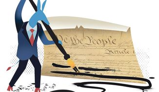 Illustration on Democrat attacks on the First Amendment by Linas Garsys/The Washington Times