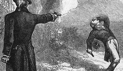 Illustration of Aaron Burr shooting Alexander Hamilton during their duel in 1804