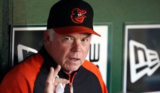 Baltimore Orioles manager Buck Showalter speaks during a media availability in the dugout before an interleague baseball game against the Washington Nationals at Nationals Park, Monday, July 7, 2014, in Washington. (AP Photo/Alex Brandon)