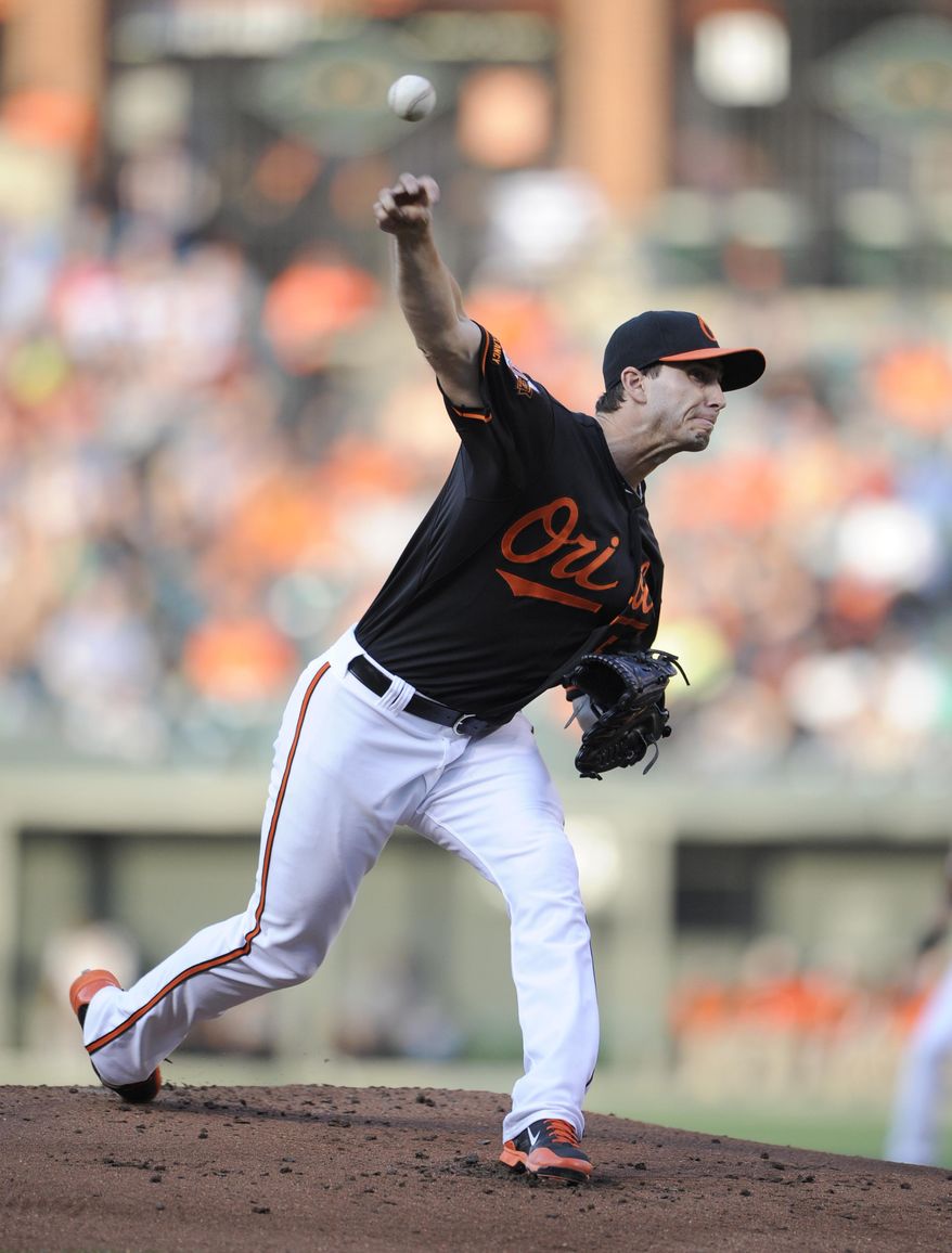 Baltimore Orioles starting pitcher Miguel Gonzalez delivers a pitch against the New York Yankees during the first inning of a baseball game, Friday, July 11, 2014, in Baltimore. (AP Photo/Nick Wass)