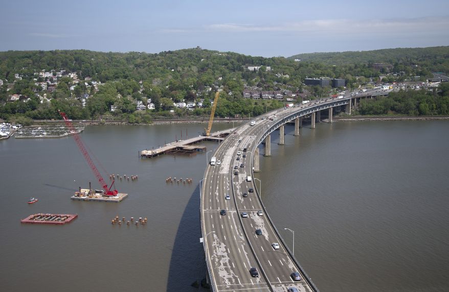 **FILE** The Tappan Zee Bridge is seen May 14, 2014, from a helicopter traveling with President Obama in Tarrytown, N.Y., where he will discuss the need for a 21st century transportation infrastructure. (Associated Press)