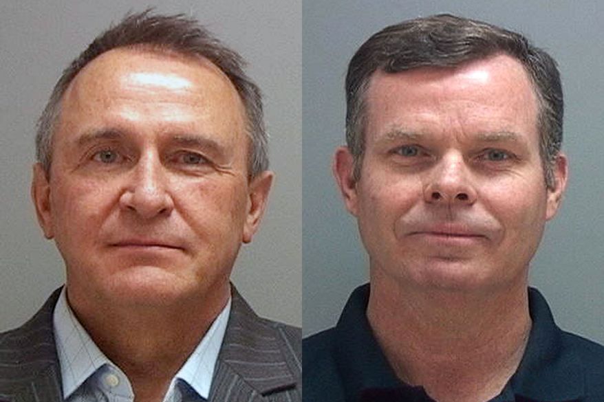 This combination of Tuesday, July 15, 2014 photos provided by the Salt Lake County Sheriff shows former Utah attorneys general Mark Shurtleff, left, and John Swallow who were taken into custody Tuesday as part of a bribery investigation. The arrests come just over a year after two county attorneys began scrutinizing Shurtleff and Swallow's relationships with several businessmen in trouble with regulators. (AP Photo/Salt Lake County Sheriff)