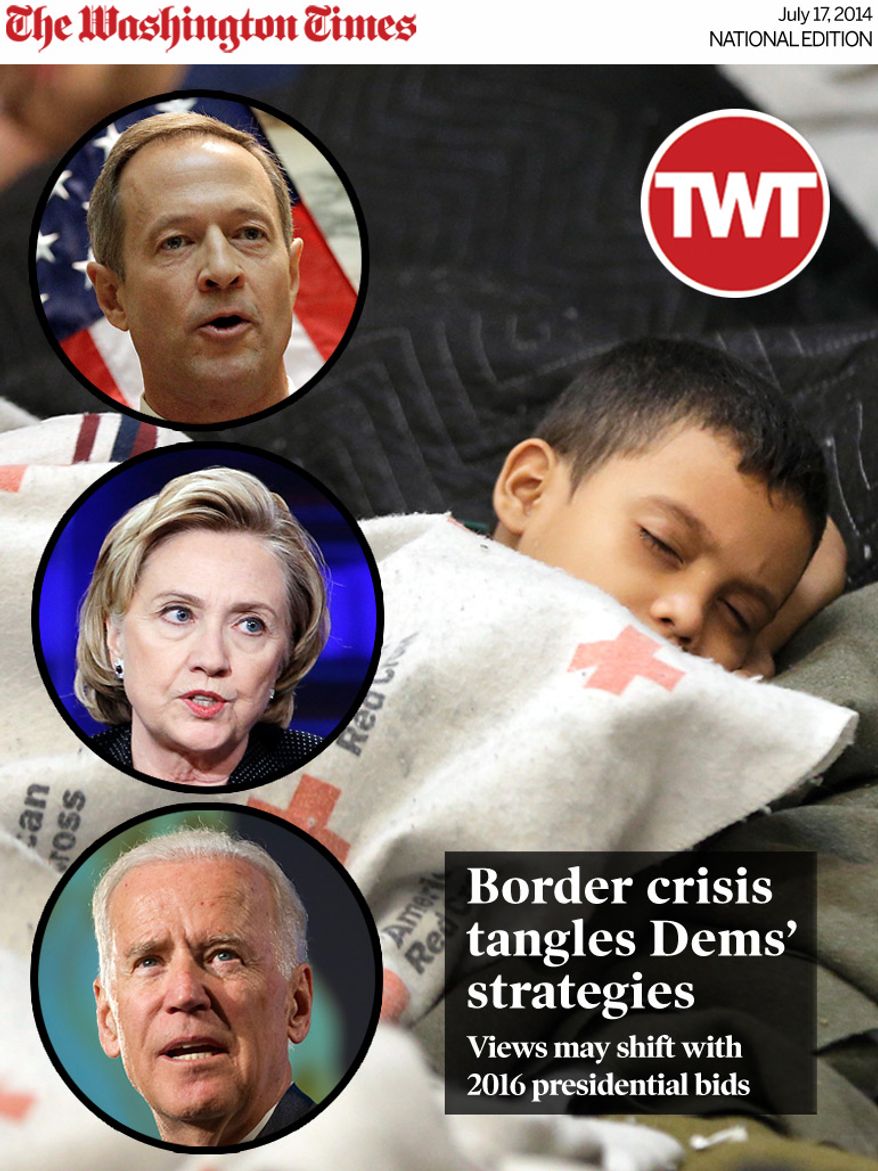 National Edition News cover for July 17, 2014 - Border crisis tangles Democrats’ strategies: FILE - This June 18, 2014, file photo, detainees sleep in a holding cell at a U.S. Customs and Border Protection, processing facility in Brownsville,Texas. Immigration courts backlogged by years of staffing shortages and tougher enforcement face an even more daunting challenge since tens of thousands of Central Americans began arriving on the U.S. border fleeing violence back home. For years, children from Central America traveling alone and immigrants who prove they have a credible fear of returning home have been entitled to a hearing before an immigration judge. (AP Photo/Eric Gay, Pool, File)