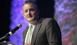 State Rep Bruce Westerman, R-Hot Springs, and candidate for Congress in Arkansas&#x27; 4th district, speaks at the Republican Party of Arkansas state convention in Hot Springs, Ark., Saturday, July 19, 2014. (AP Photo/Danny Johnston)
