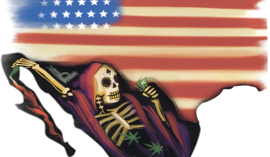 Illustration on the dangers coming from Mexican drug cartels by Linas Garsys/The Washington Times