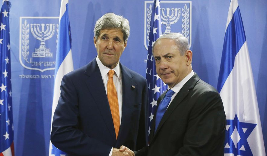 U.S. Secretary of State John Kerry, left, meets with Israeli Prime Minister Benjamin Netanyahu in Tel Aviv, Israel, Wednesday, July 23, 2014. (Associated Press) ** FILE **