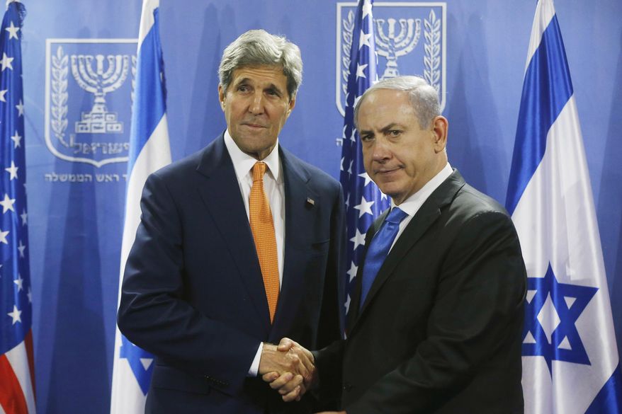 U.S. Secretary of State John Kerry, left, meets with Israeli Prime Minister Benjamin Netanyahu in Tel Aviv, Israel, Wednesday, July 23, 2014. (Associated Press) ** FILE **