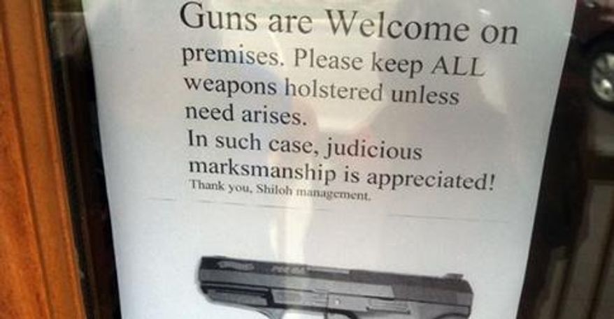 Shiloh Brew and Chew, a restaurant in Tennessee, has posted several signs on doors at the establishment welcoming gun-carrying patrons.