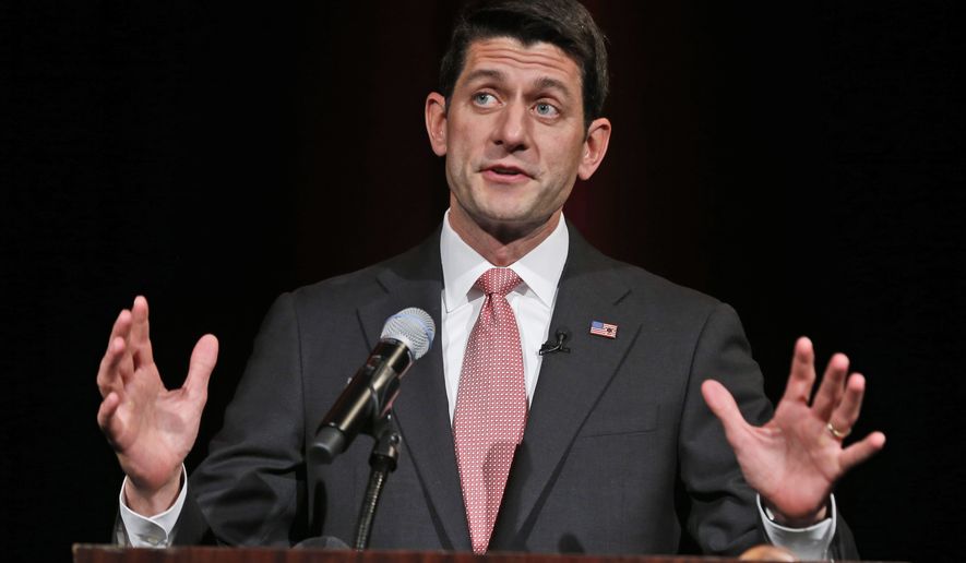 ** FILE ** In this June 6, 2014, file photo, Rep. Paul Ryan, R-Wis., gestures as he speaks during a gala prior to the start of the Virginia GOP Convention in Roanoke, Va. Ryan proposed a new plan Thursday to merge up to 11 anti-poverty programs into a single grant program for states that he said would allow more flexibility to help lift people out of poverty, in a speech to the American Enterprise Institute. (AP Photo/Steve Helber)