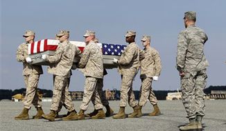 A Marine carry team moves a transfer case containing the remains of Lance Cpl. Gregory T. Buckley, 21, of Oceanside, N.Y., Monday, Aug. 13, 2012, at Dover Air Force Base, Del. According to the Defense Department, Buckley, died Aug. 10 while supporting combat operations in Helmand province, Afghanistan. (AP Photo/Luis M. Alvarez) ** FILE **