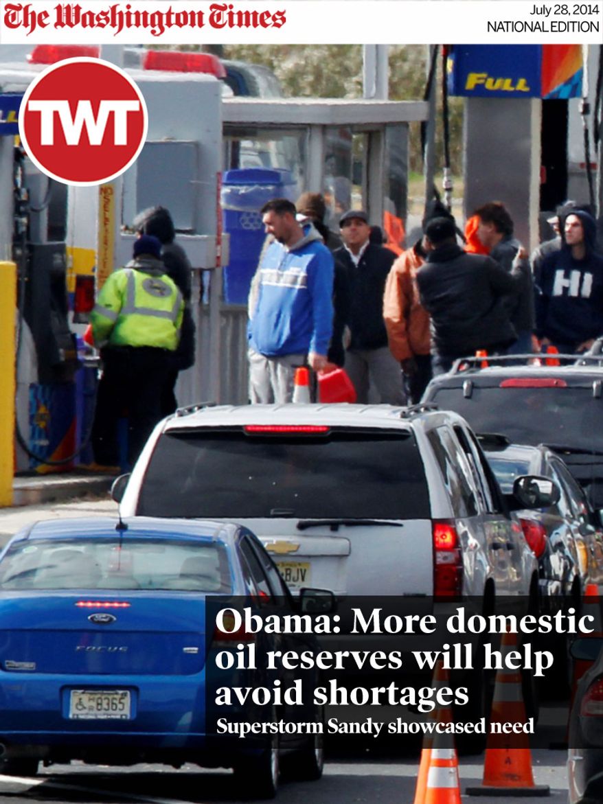 National Edition News cover for July 28, 2014 - Energy Department eyes regional gas reserves for emergency use: New Jersey state troopers kept order as motorists and pedestrians waited in long lines to purchase gasoline in the paucity following Superstorm Sandy. The storm's fallout highlighted the need for increased domestic oil reserves. (associated press)
