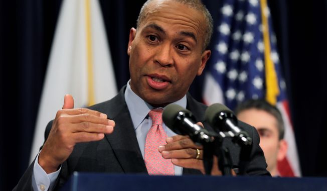 FILE - In this Jan. 22, 2014 file photo, Mass. Gov. Deval Patrick gestures during a news conference at the Statehouse in Boston. Patrick last week ordered an outright ban on prescribing and dispensing Zohydro until it is marketed in a form that is difficult to abuse. Zohydro belongs to a family of medicines known as opiates or opioids. Others include morphine, heroin and oxycodone, the painkiller in OxyContin. (AP Photo/Charles Krupa, File)