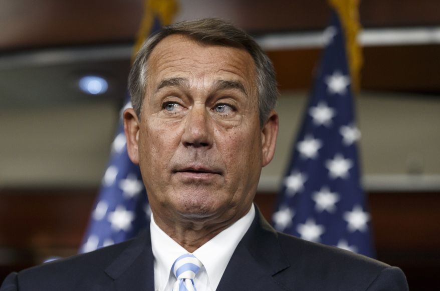 House Speaker John Boehner of Ohio defends the work of the GOP during a brief news conference on Capitol Hill in Washington, Thursday, July 31, 2014, as Congress prepares to leave for a five-week summer recess. The institutional split of a Republican-led House and Democratic-controlled Senate has added up to inaction, especially in a midterm election year with control of the Senate at stake. Lawmakers have struggled to compromise on a handful of bills to deal with the nation's pressing problems amid overwhelming partisanship. (AP Photo/J. Scott Applewhite)