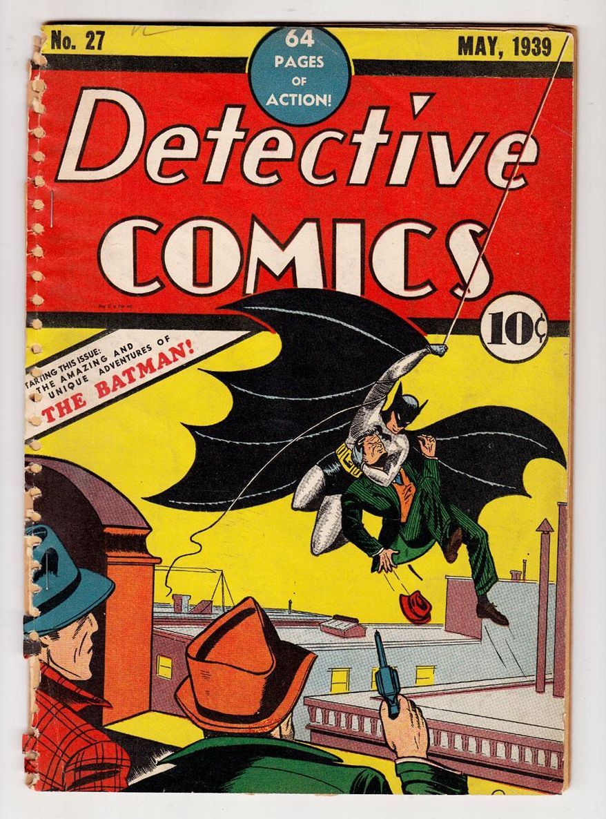This undated image provided by ComicConnect.com shows a May 1939 copy of Detective Comics, which featured one of the earliest appearances of Batman. The comic is being auctioned online along with a nearly mint copy of the first Incredible Hulk comic book and a 1942 Archie comic book, Archie No. 1, which marked the first time the red-headed character appeared in his own magazine. (AP Photo/ComicConnect.com)