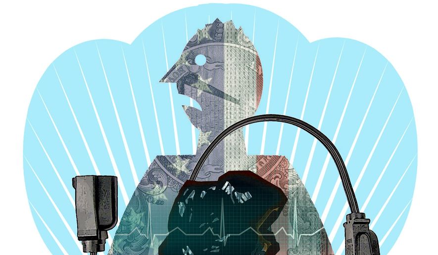 Illustration on the importance of coal generated electricity to American life by Alexander Hunter/The Washington Times