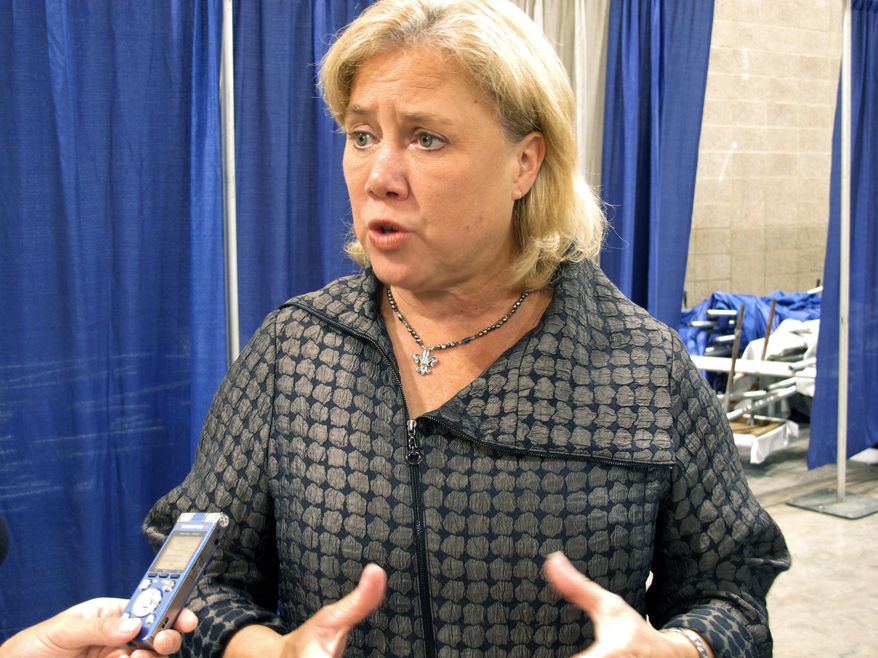 U.S. Sen. Mary Landrieu speaks to the media about her campaign and her record after talking at the Louisiana Municipal Association's annual convention on Saturday, Aug. 2, 2014, in Baton Rouge, La. Landrieu, a Democrat, focused on her seniority in the U.S. Senate as she faces a tough re-election fight. (AP Photo/Melinda Deslatte)
