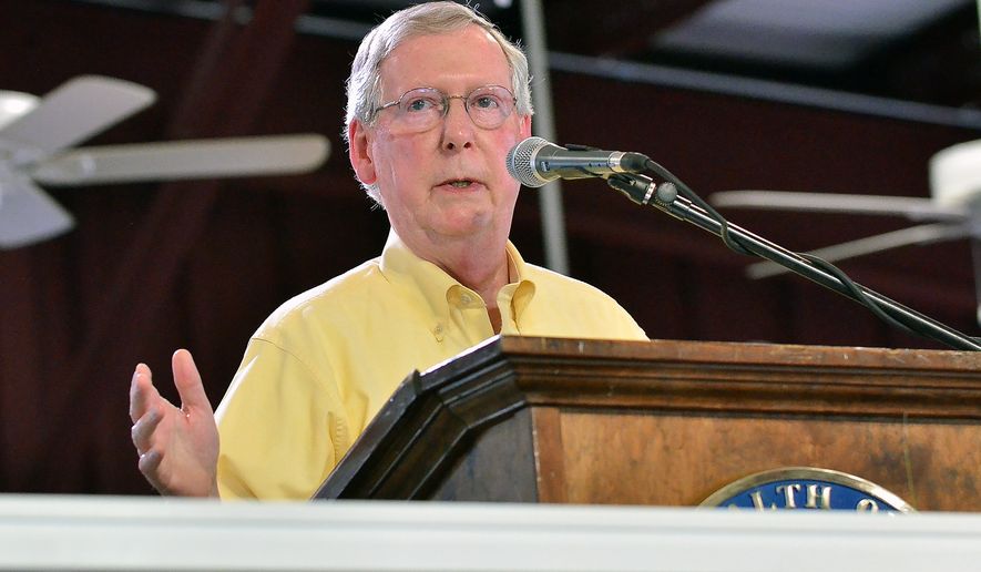 Senate Minority Leader Mitch McConnell, R-Ky., speaks during the annual Fancy Farm picnic in Fancy Farm, Ky., Saturday, Aug. 2, 2014. A fundraiser for a small Roman Catholic church in western Kentucky, the two-day picnic in the tiny town of Fancy Farm is a throwback to the days before television, when stump speeches were the candidates' main vehicle to reach voters. (AP Photo/Stephen Lance Dennee)
