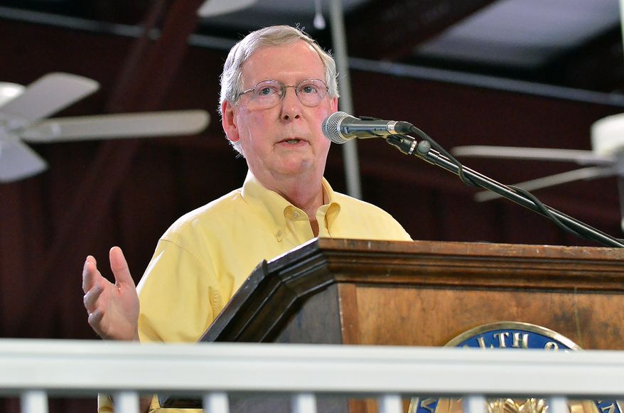 Senate Minority Leader Mitch McConnell, R-Ky., speaks during the annual Fancy Farm picnic in Fancy Farm, Ky., Saturday, Aug. 2, 2014. A fundraiser for a small Roman Catholic church in western Kentucky, the two-day picnic in the tiny town of Fancy Farm is a throwback to the days before television, when stump speeches were the candidates' main vehicle to reach voters. (AP Photo/Stephen Lance Dennee)