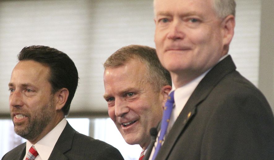 From left, U.S. Senate Republican candidates Joe Miller, Dan Sullivan and Lt. Gov. Mead Treadwell take part in a debate in Eagle River, Alaska, Monday, Aug. 4, 2014. (Associated Press) ** FILE **