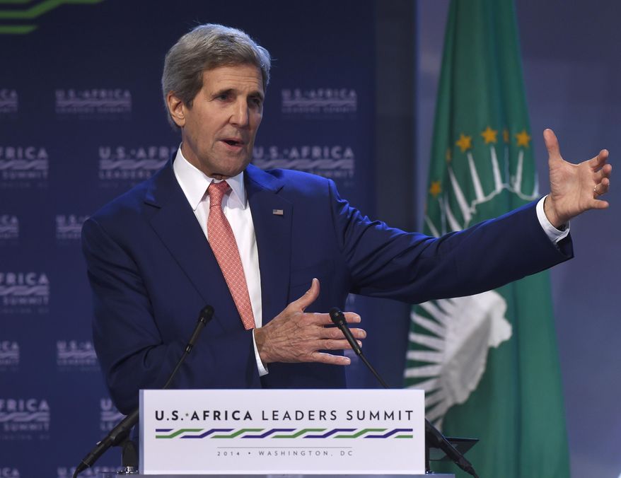 Secretary of State John Kerry gestures as he speaks in Washington, Monday, Aug. 4, 2014, during the Resilience and Food Security in a Changing Climate discussion at the US Africa Summit. President Barack Obama is gathering nearly 50 African heads of state in Washington for an unprecedented summit aimed in part at building his legacy on a continent where his commitment has been questioned. (AP Photo/Susan Walsh)