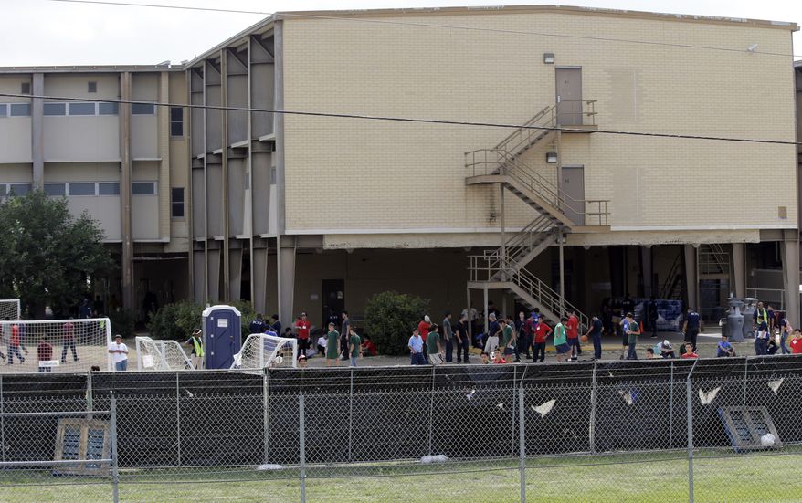 ** FILE ** This June 23, 2014, file photo shows a temporary shelter for unaccompanied minors who have entered the country illegally at Lackland Air Force Base in San Antonio. The government said Monday it will soon close three emergency shelters it established at U.S. military bases to temporarily house children caught crossing the Mexican border alone. It said fewer children were being caught and other shelters will be adequate. (AP Photo/Eric Gay, File)