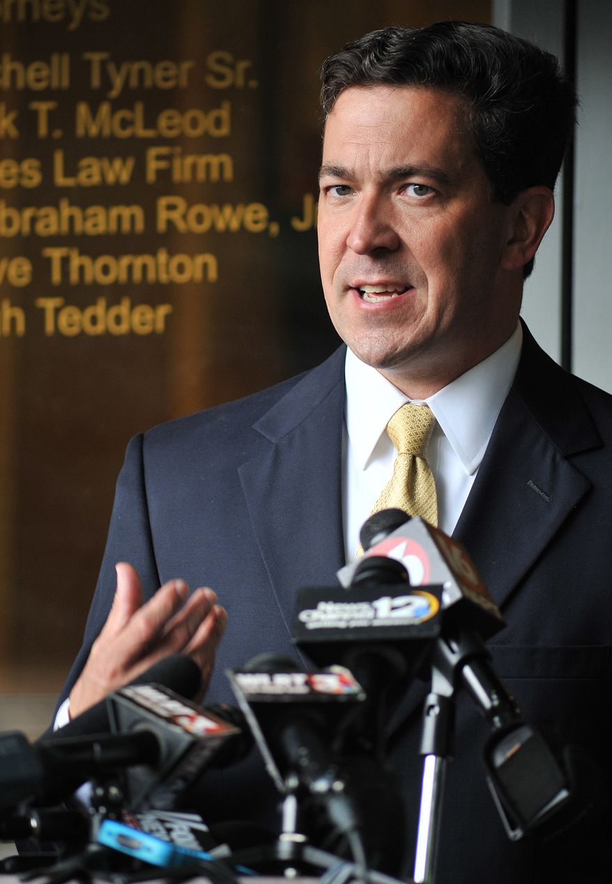 Senatorial candidate Chris McDaniel talks about his election challenge Monday, Aug. 4, 2014 during a news conference at the Tyner Law Firm on I-55 N Frontage Road in Jackson, Miss. (AP Photo/The Clarion-Ledger, Rick Guy)