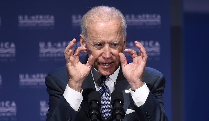 Vice President Joe Biden gestures as he speaks in Washington, Monday, Aug. 4, 2014, during the Civil Society Forum of the US Africa Summit.  President Barack Obama is gathering nearly 50 African heads of state in Washington for an unprecedented summit aimed in part at building his legacy on a continent where his commitment has been questioned. (AP Photo/Susan Walsh)