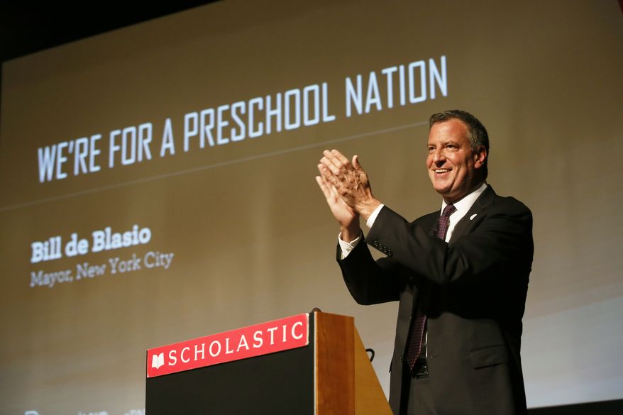 IMAGE DISTRIBUTED FOR SCHOLASTIC INC AND LOS ANGELES UNIVERSAL PRESCHOOL (LAUP) - New York City Mayor, Bill de Blasio, addresses the country&#39;s first PreK Nation at the Scholastic Inc. headquarters in Soho, on Tuesday, August 5, 2014 in New York. The PreK Nation Summit advocates to increase access to quality preschool for all children. (Photo by Stuart Ramson/Invision for Scholastic Inc and Los Angeles Universal Preschool (LAUP)/AP Images)