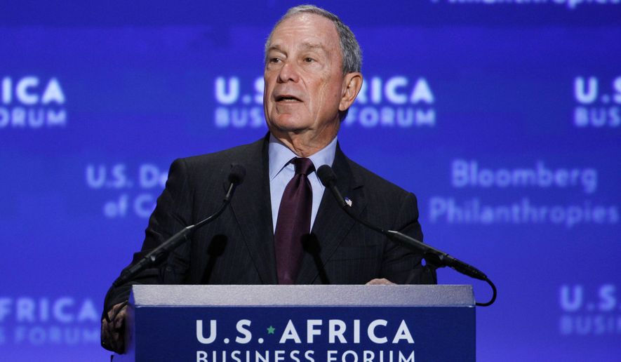 **FILE** Michael Bloomberg welcomes leaders to the U.S.-Africa Business Forum during the U.S.-Africa Leaders Summit at the Mandarin Oriental Hotel in Washington, Tuesday, Aug. 5, 2014. Nearly 50 African heads of state are gathering in Washington for an unprecedented summit. (AP Photo/Jacquelyn Martin)