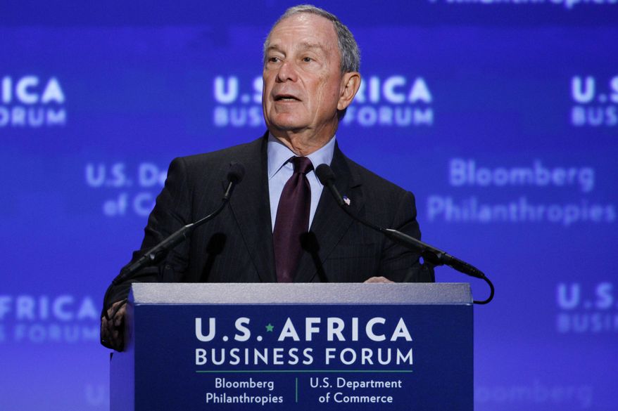 **FILE** Michael Bloomberg welcomes leaders to the U.S.-Africa Business Forum during the U.S.-Africa Leaders Summit at the Mandarin Oriental Hotel in Washington, Tuesday, Aug. 5, 2014. Nearly 50 African heads of state are gathering in Washington for an unprecedented summit. (AP Photo/Jacquelyn Martin)