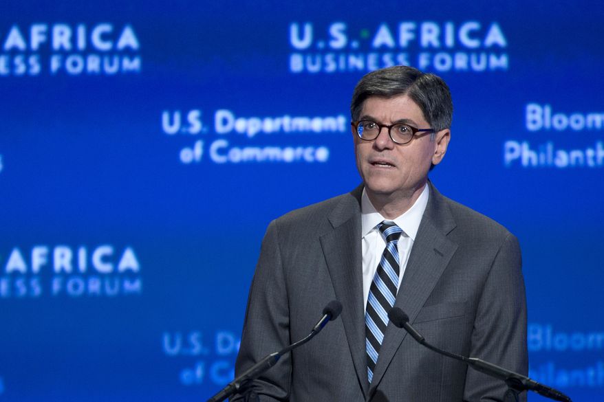Treasury Secretary Jacob Lew speaks during the US Africa Business Forum part of the US Africa Leaders Summit in the Mandarin Oriental Hotel in Washington, Tuesday, Aug. 5, 2014. Nearly 50 African heads of state are gathering in Washington for an unprecedented summit. (AP Photo/Jacquelyn Martin)