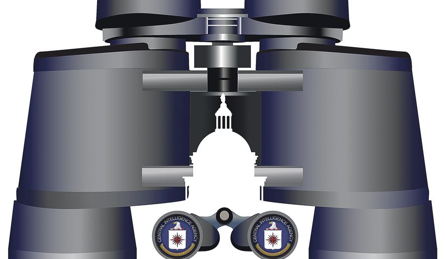 Illustration on Government spying on Government by Linas Garsys/The Washington Times