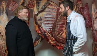 Brendan Gleeson (left) plays a parish priest trying to live a godly life and Chris O&#39;Dowd plays a possible madman with an unstable wife in &quot;Calvary.&quot; (Associated Press)