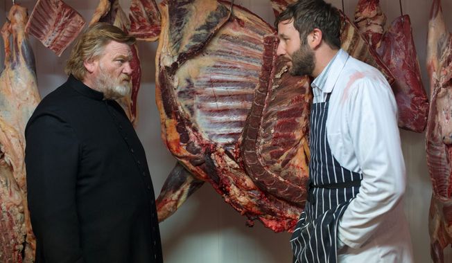 Brendan Gleeson (left) plays a parish priest trying to live a godly life and Chris O&#x27;Dowd plays a possible madman with an unstable wife in &quot;Calvary.&quot; (Associated Press)