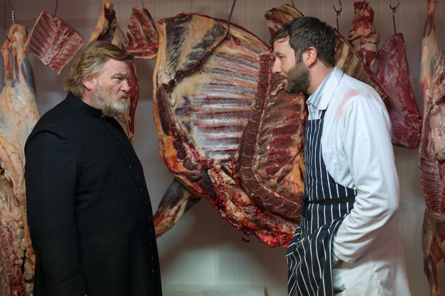 Brendan Gleeson (left) plays a parish priest trying to live a godly life and Chris O'Dowd plays a possible madman with an unstable wife in "Calvary." (Associated Press)