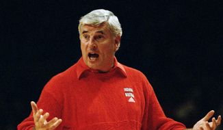 Indiana basketball coach Bobby Knight makes a point during his teams National Invitational Tournament at New York&#39;s Madison Square Garden in New York, Friday, Nov. 28, 1992. The Hoosiers overpowered their opponent by defeating Seton Hall 78-74 to take top honors in the pre-season tournament. (AP Photo/Mike Albans) ** FILE **