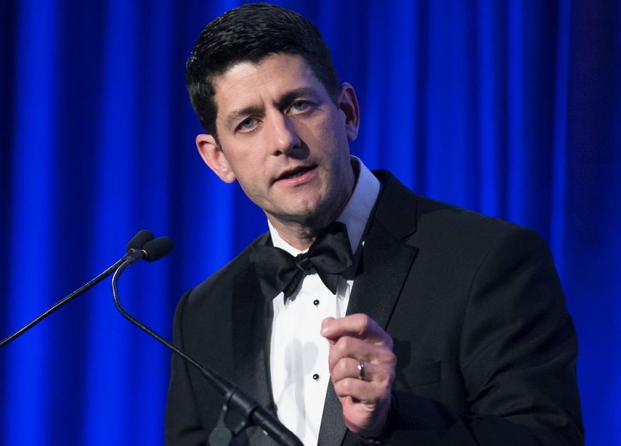 ** FILE ** This May 12, 2014, file photo shows Rep. Paul Ryan, R-Wisc., as he speaks at the Manhattan Institute for Policy Research Alexander Hamilton Award Dinner in New York. (AP Photo/John Minchillo, File )