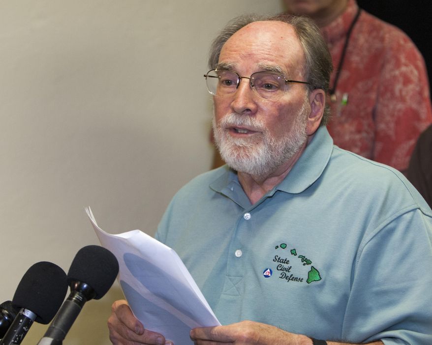 Gov. Neil Abercrombie speaks at a news conference at the Hawaii Emergency Management Agency at Diamond Head in Honolulu on Friday, Aug. 8, 2014. Abercrombie said there were no major injuries or casualties reported from Tropical Storm Iselle, but even though the brunt of the storm went over the Big Island, the islands of Maui, Kauai and Oahu need to remain vigilant. (AP Photo/Marco Garcia)