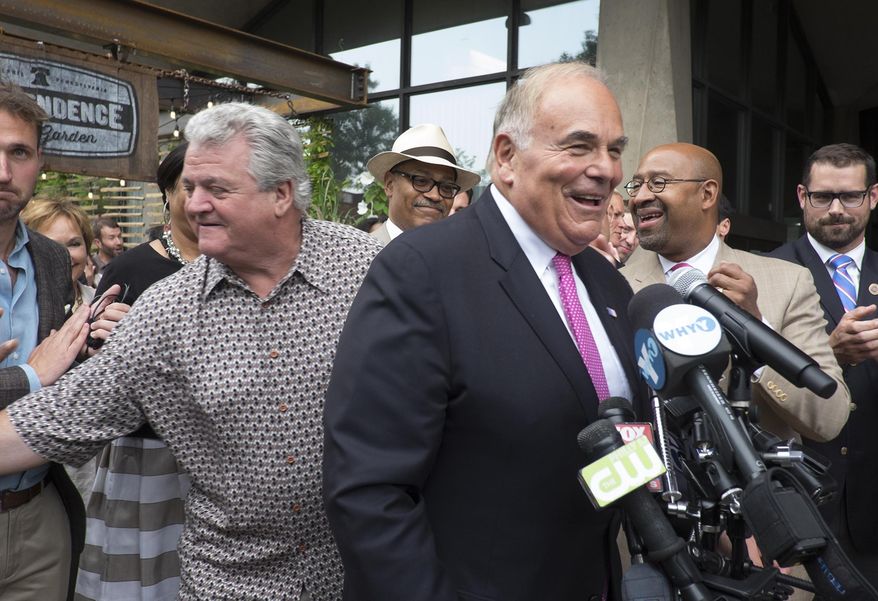 In this Thursday, Aug. 7, 2014 photo, U.S. Rep. Bob Brady, left, former Pennsylvania Gov. Ed Rendell, standing by the microphones, and Philadelphia Mayor Michael Nutter, second from right, appear at the Independence Beer Garden to kick off Philadelphia&#39;s final push for a winning bid to secure the 2016 Democratic Convention, in Philadelphia. (AP Photo/The Philadelphia Inquirer, Ed Hille) MAGS OUT; NEWARK OUT