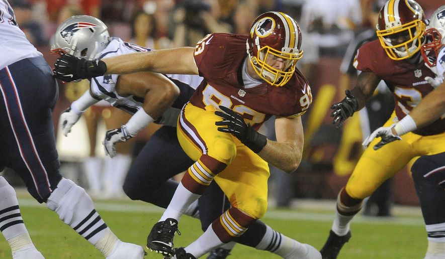 Washington Redskins linebacker Trent Murphy is seen in action during the first half of an NFL football preseason game against the New England Patriots in Landover, Md., Thursday, Aug. 7, 2014. (AP Photo/Richard Lipski)