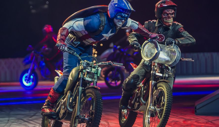 This undated image released by Marvel Entertainment shows performers dressed as Marvel characters in the new live arena show called "Marvel Universe Live!" The show has begun an 85-city over the next two years, flooding stages with a dizzying array of actors and promising to up the ante when it comes to theatrical events. (AP Photo/Marvel Entertainment)
