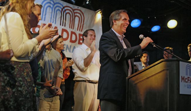 GOP Senate hopeful Mike McFadden speaks to supporters during a victory party at O' Gara's Bar and Grill Tuesday night Aug. 12, 2014 in St. Paul Minn. (AP Photo/The Star Tribune, Jerry Holt)  MANDATORY CREDIT; ST. PAUL PIONEER PRESS OUT; MAGS OUT; TWIN CITIES LOCAL TELEVISION OUT