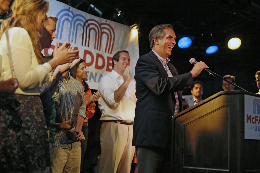GOP Senate hopeful Mike McFadden speaks to supporters during a victory party at O' Gara's Bar and Grill Tuesday night Aug. 12, 2014 in St. Paul Minn. (AP Photo/The Star Tribune, Jerry Holt)  MANDATORY CREDIT; ST. PAUL PIONEER PRESS OUT; MAGS OUT; TWIN CITIES LOCAL TELEVISION OUT