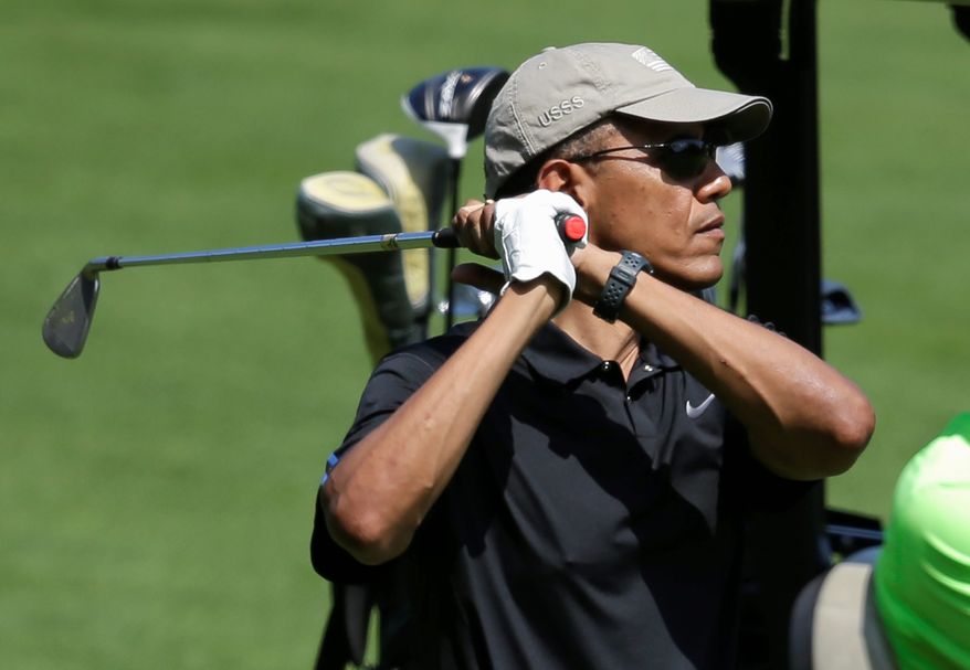 President Obama, during his two-week summer vacation on Martha&#x27;s Vineyard, is staying on par to meet Tiger Woods&#x27; 269 rounds of golf. (Associated Press)