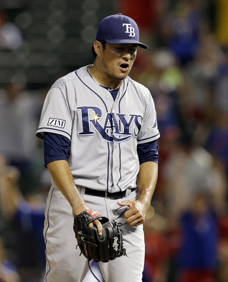 Tampa Bay Rays relief pitcher Cesar Ramos yells out after walking Texas Rangers&#39; Adam Rosales with bases loaded in the 14th inning of a baseball game, Tuesday, Aug. 12, 2014, in Arlington, Texas. Nick Martinez scored on Rosales walk in the 3-2 Rangers win. (AP Photo/Tony Gutierrez)