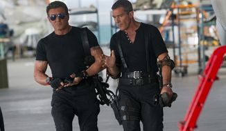 Sylvester Stallone (left) and Antonio Banderas are among a dream team of 1980s and &#x27;90s action stars in &quot;The Expendables 3.&quot; (Lionsgate via Associated Press)