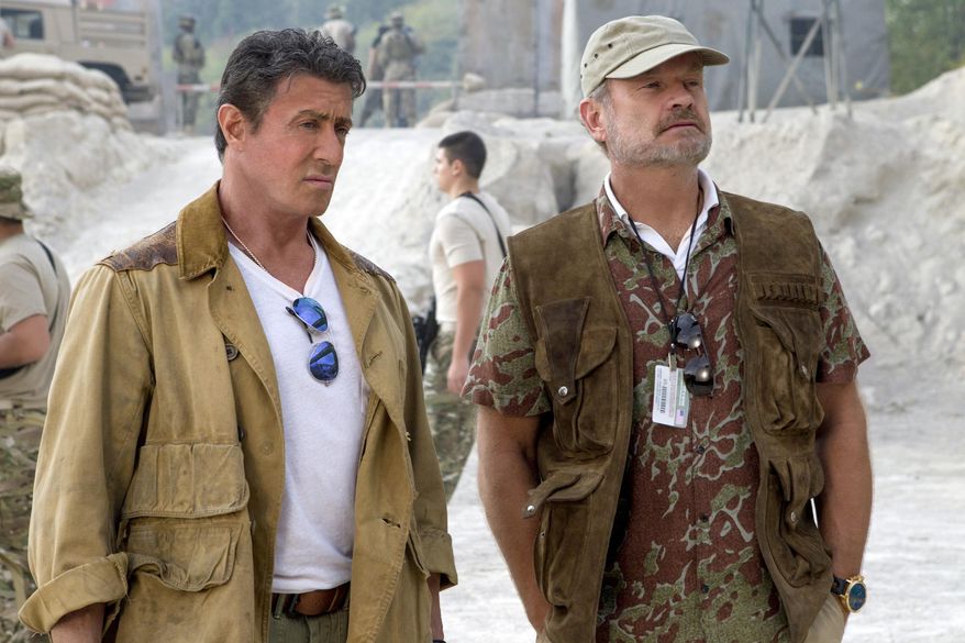 This image released by Lionsgate shows Sylvester Stallone, left, and Kelsey Grammer in a scene from "Expendables 3." (AP Photo/Lionsgate, Phil Bray)