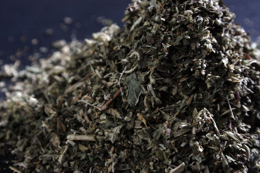 FOR RELEASE MONDAY, AUGUST 18, 2014, AT 1:00 A.M. CDT - This Aug. 9, 2014 photo shows contents of a bag of K2, in Tulsa, Okla. Steve Kunzweiler, chief of the criminal division of the Tulsa County District Attorney's Office, said the harmful effects, ease of availability and misleading branding of K2 make it an alarming drug. (AP Photo/Tulsa World, Cory Young) ONLINE OUT; KOTV OUT; KJRH OUT; KTUL OUT; KOKI OUT; KQCW OUT; KDOR OUT; TULSA OUT; TULSA ONLINE OUT